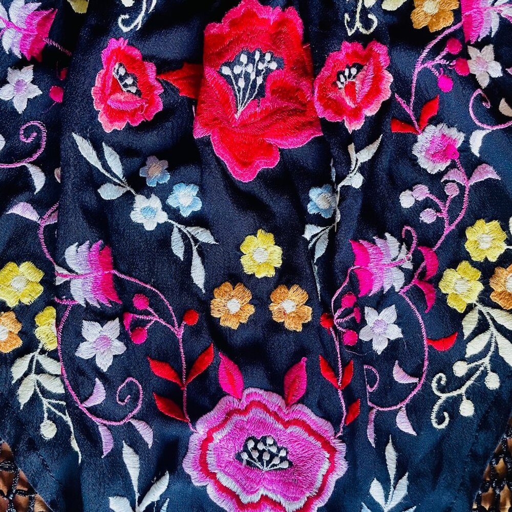 Black + Colorful Floral Embroidered Vintage Halter Top w/ Fringe Fairy Whimsey - Picture 4 of 7